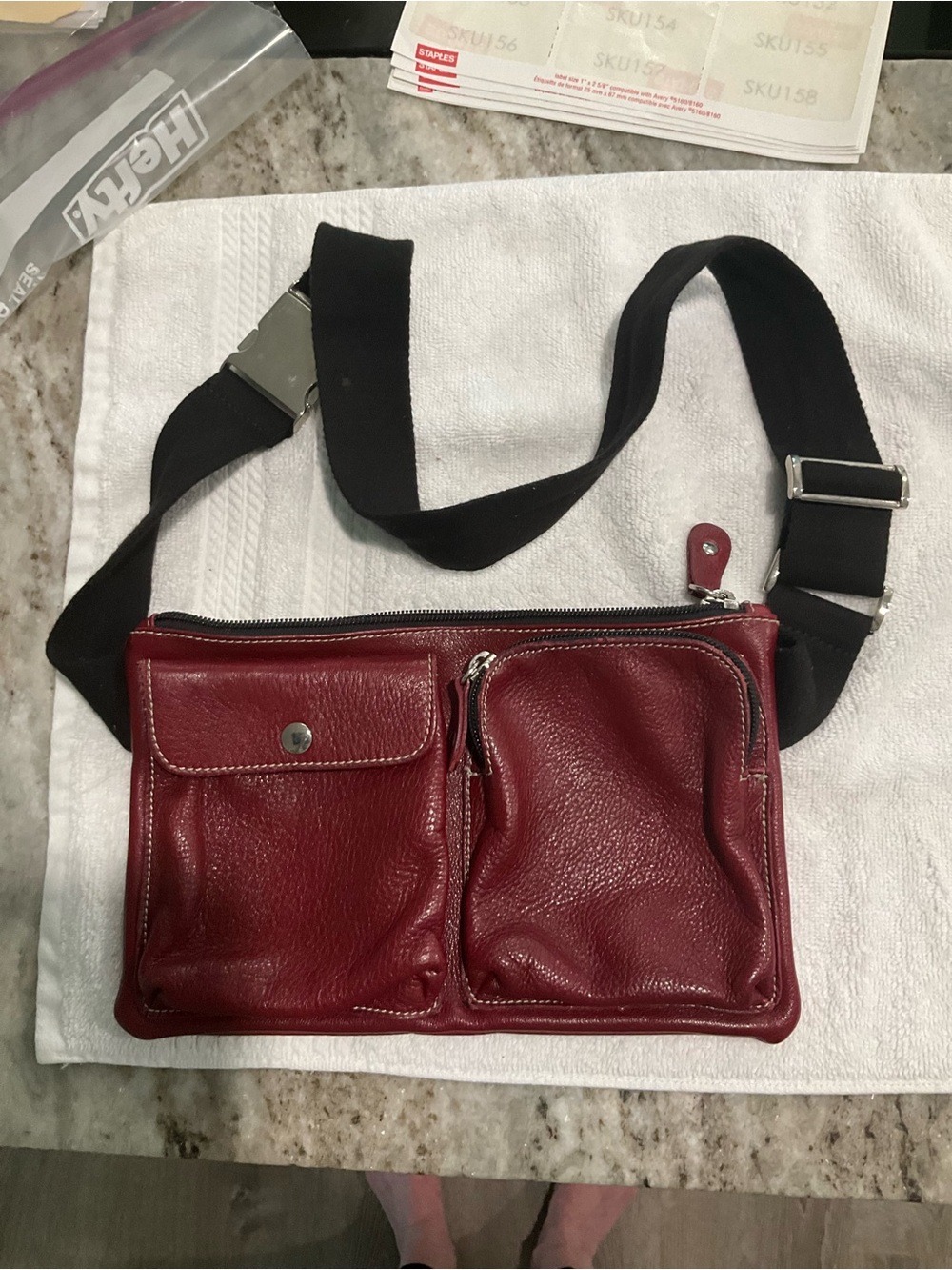 Roots Burgundy Leather Belt Bag with Black Adjustable Strap